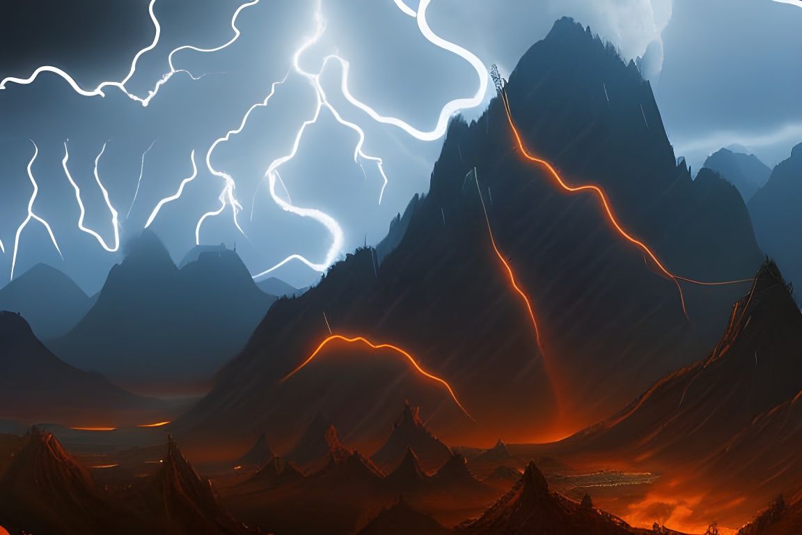 Night Thunderstorm Over Mountains, Detailed Matte Painting