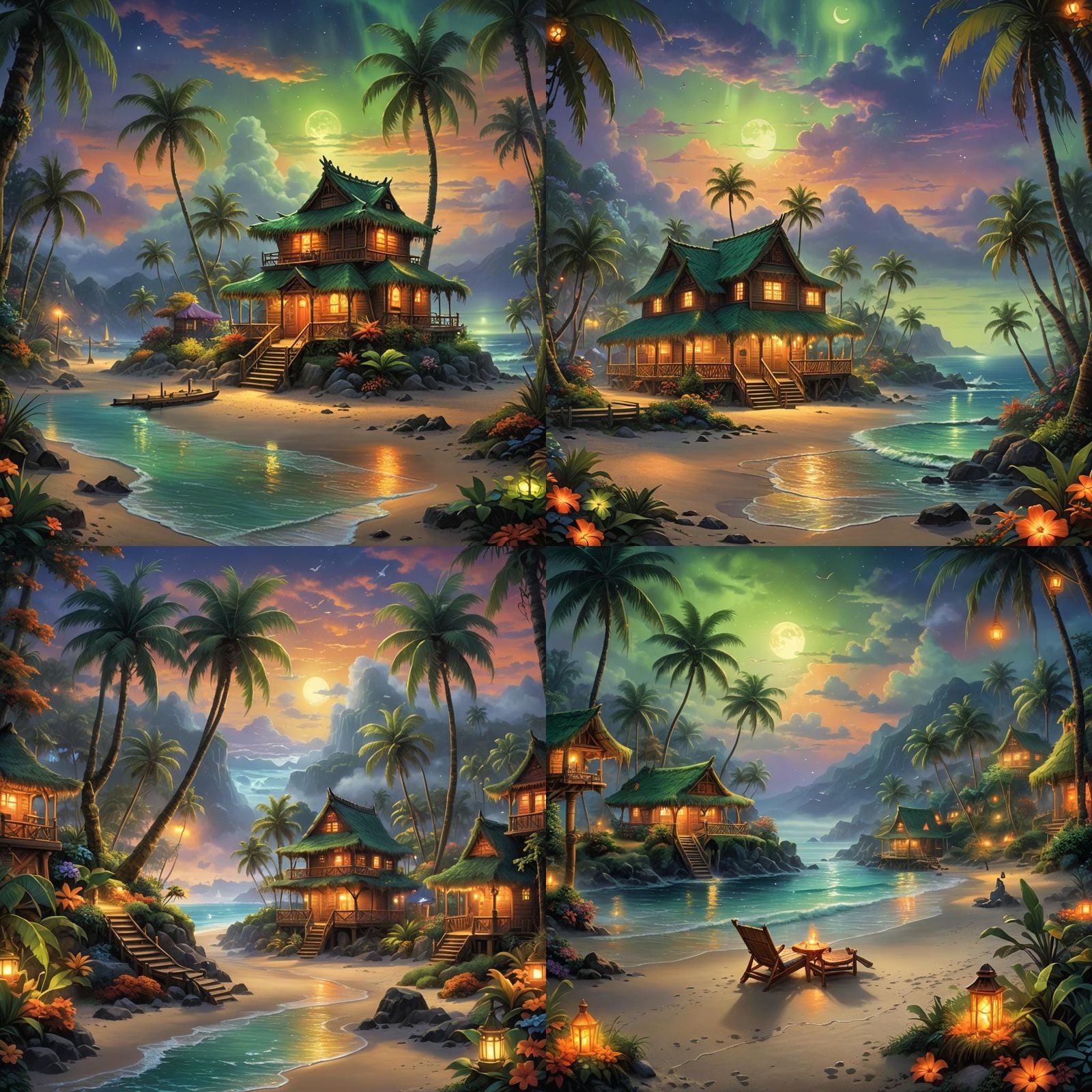 Nighttime Tiki Beach Scene in 4K Clipart