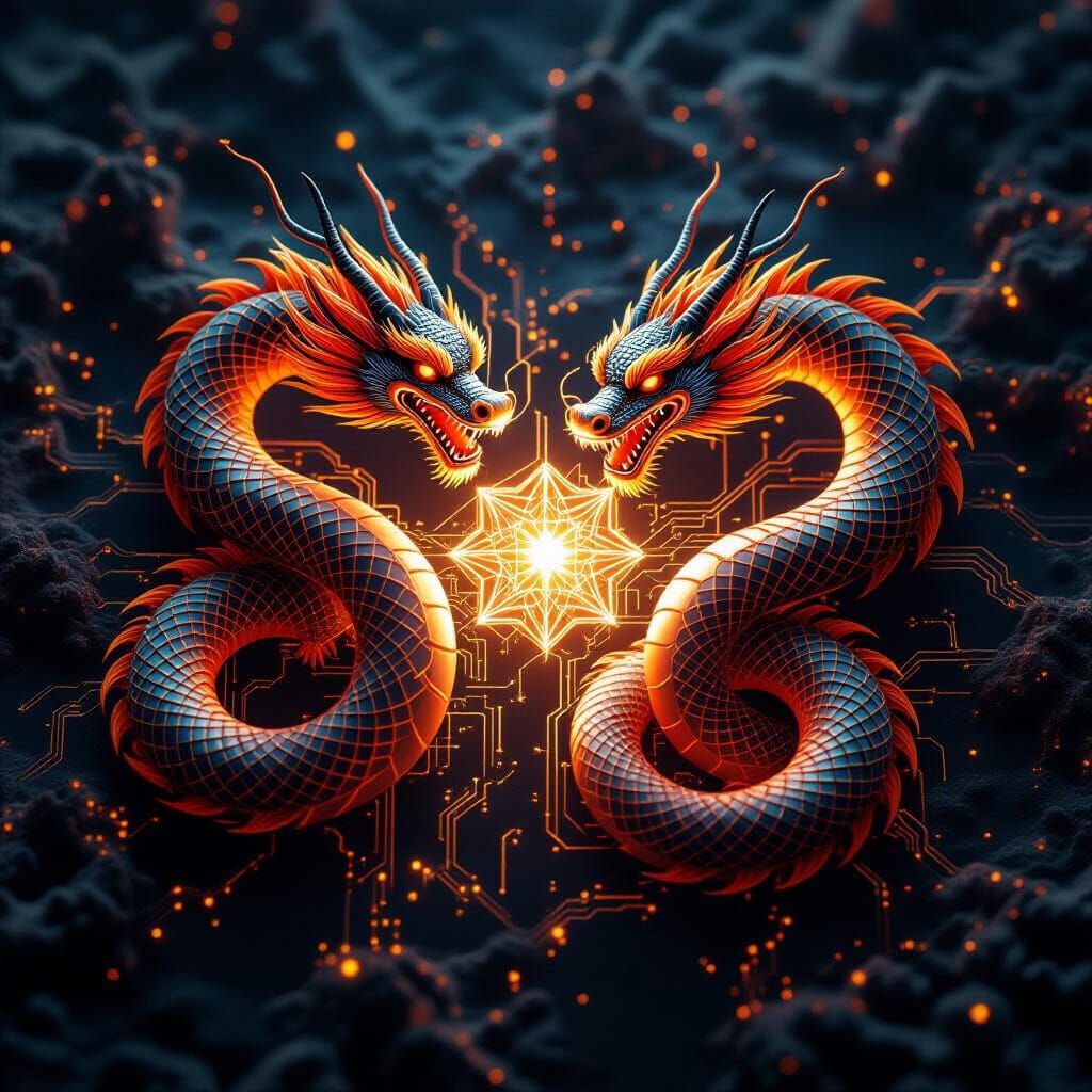 Evolving Fractal Dragons in Futuristic Circuit Landscape