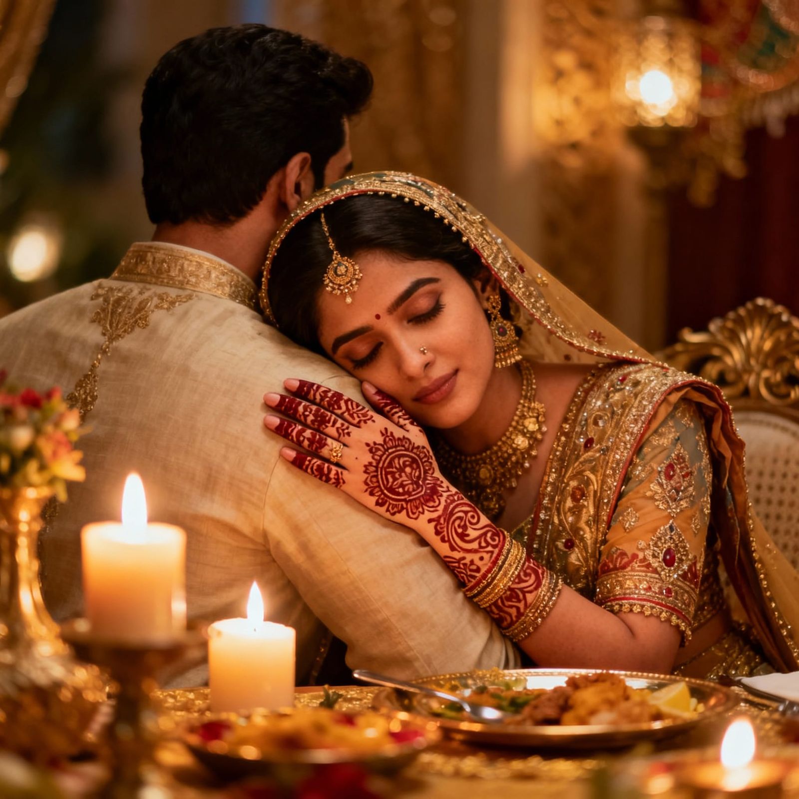 Indian Bride and Groom Candlelight Dinner Scene