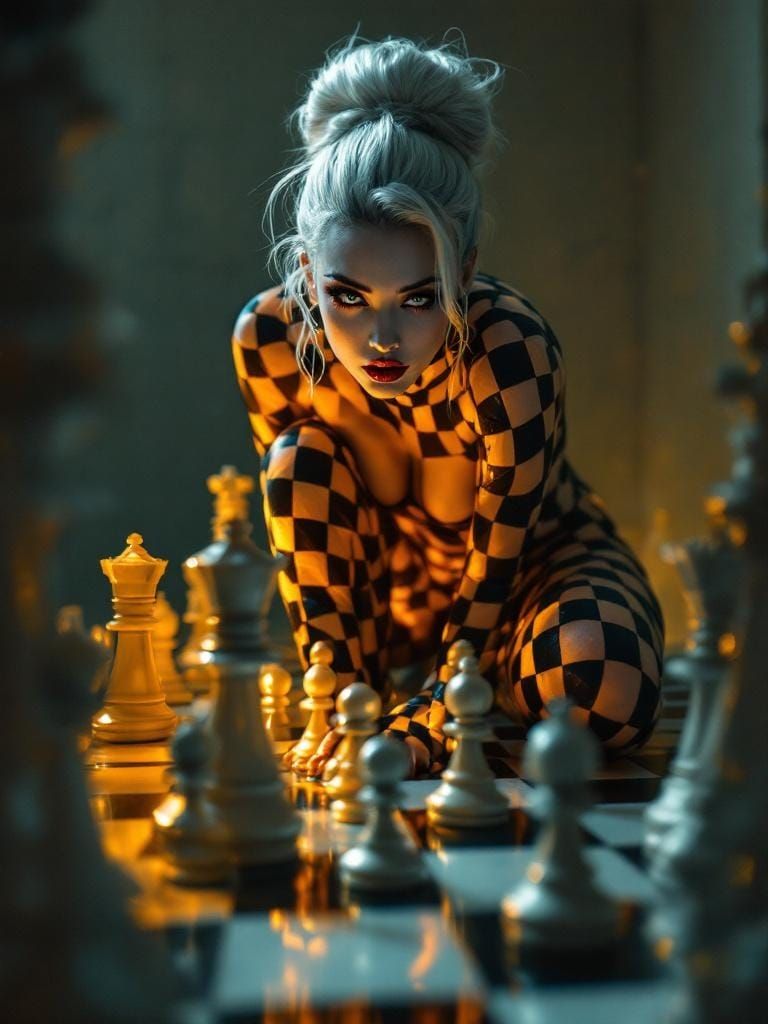 Surreal Geometric Figure on Chessboard in Faceted Style