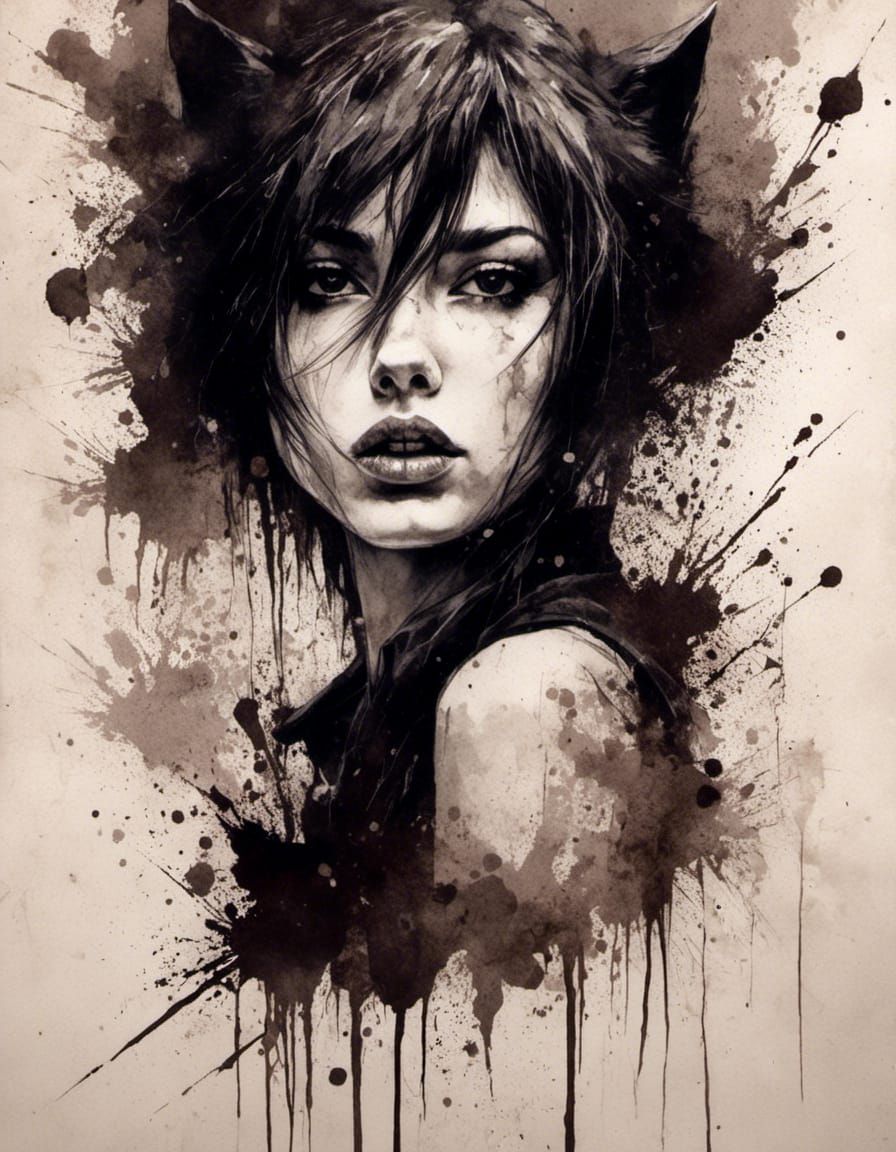 Girl with Wolf in Ink Splatter Art Style