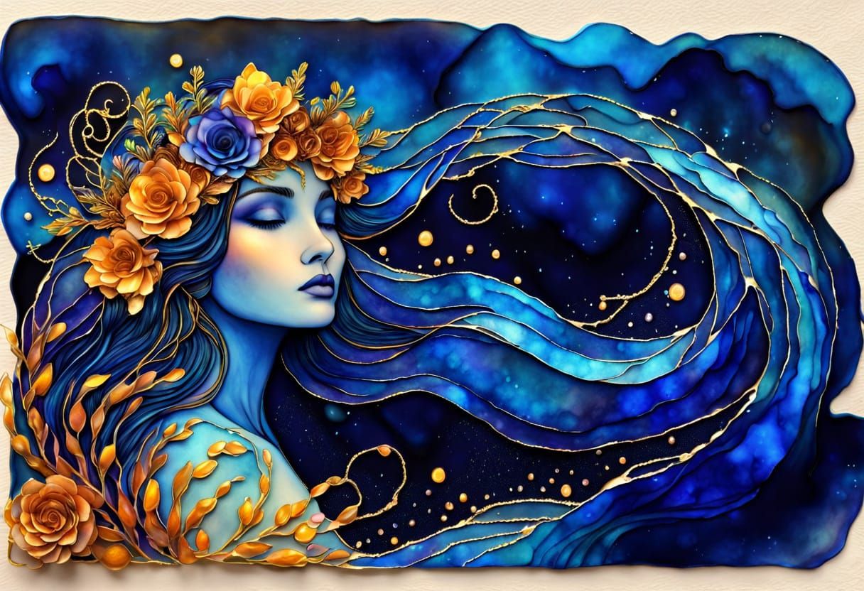 Fantasy Ocean Goddess in Deep Indigo and Amber