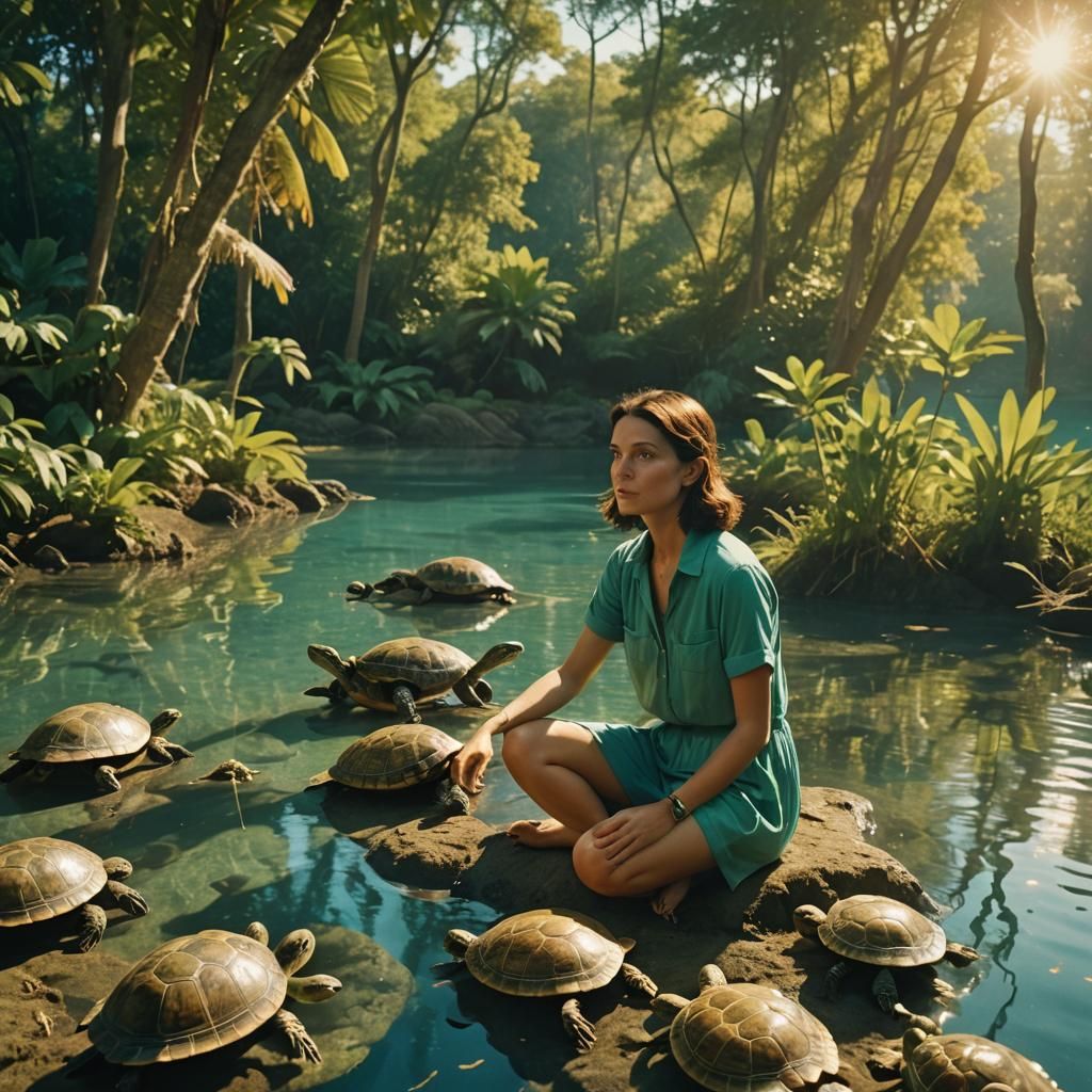 Island Brunette with Turtles in Wes Anderson Style