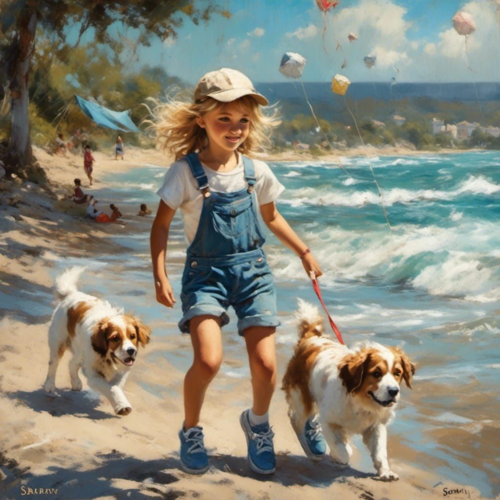 Chalk Art of Girl with Kite and Dog