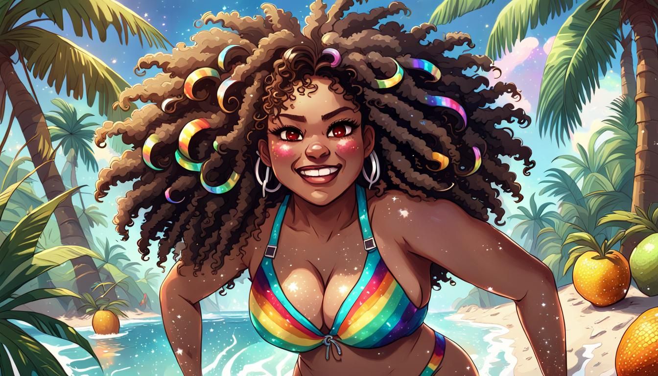 angry colombian, Brown Eyes, Big Curly Hair, Sparkle, Magic, Sad, Pastel Rainbows, Smile, Techno, Afro, Music, running, ...