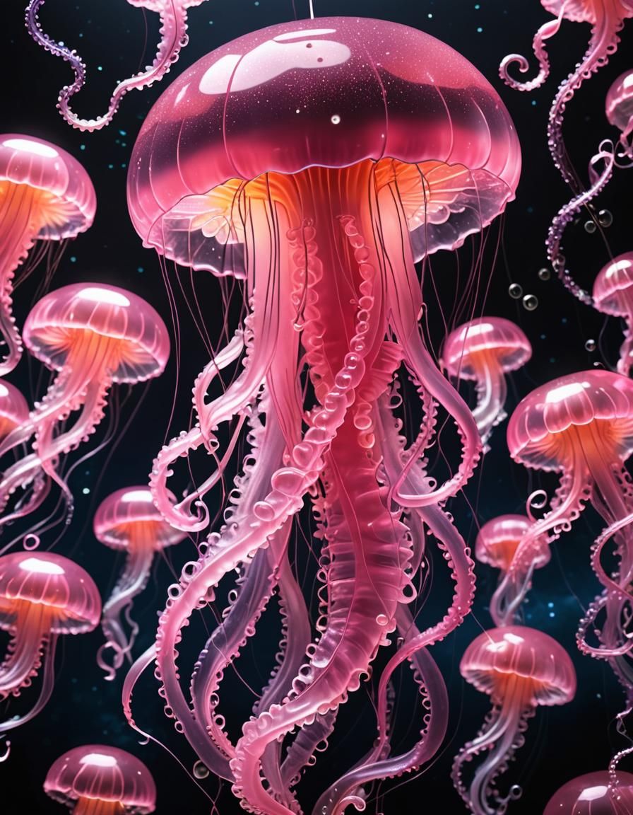 Luminous Pink Jellyfish with Glittering Tentacles