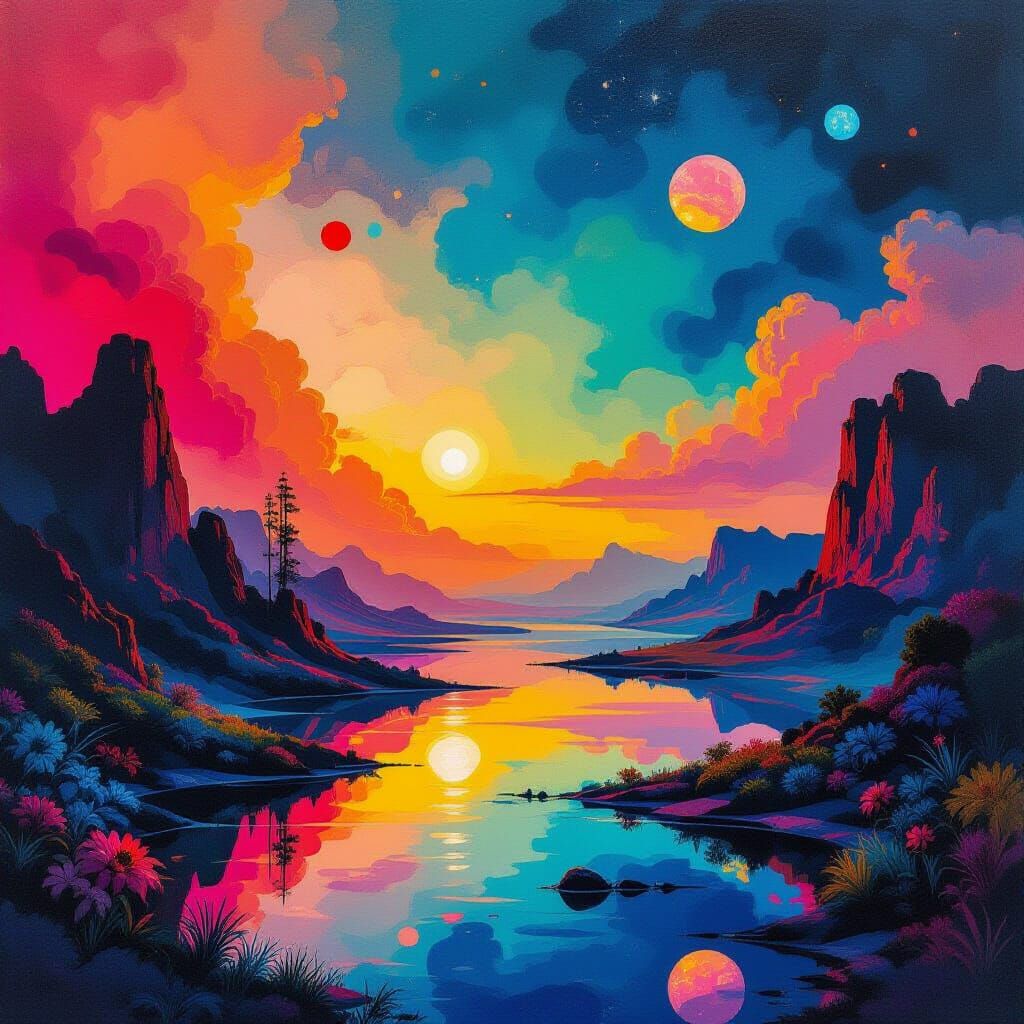 Dreamlike Scene with Vibrant Colors and Intricate Patterns