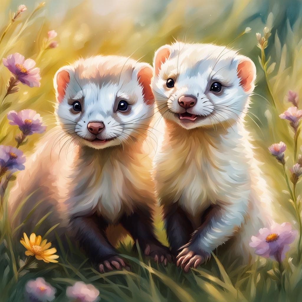 Baby Ferrets Playing in Lush Meadow Watercolor