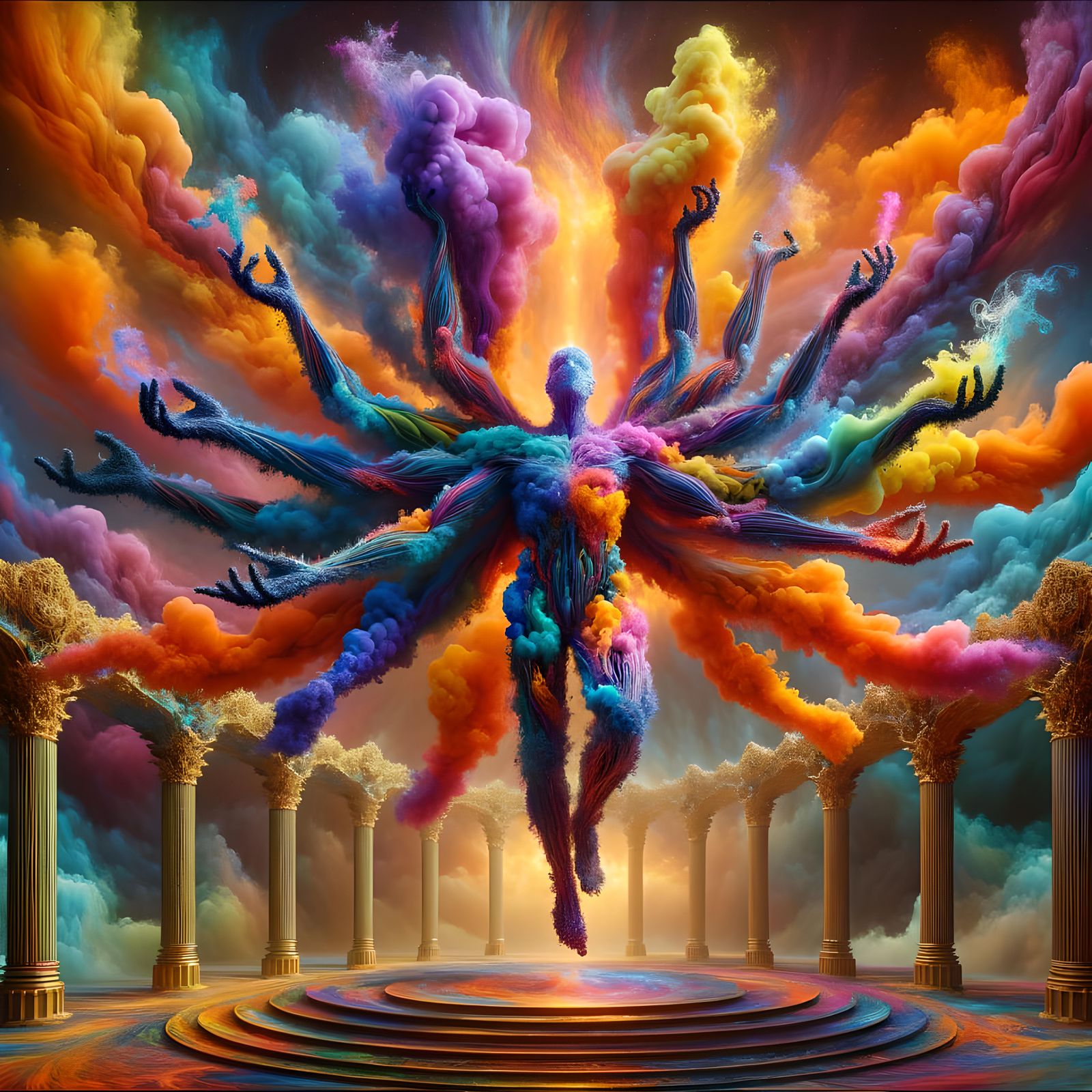 Colorful Smoke Figure in Surreal Scene