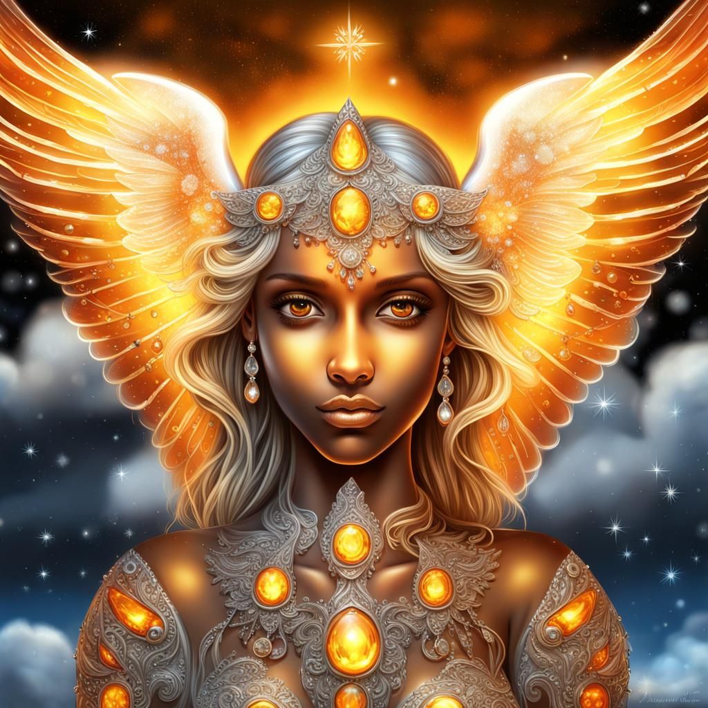 Bioluminescent Angel with Gemstones in Graffiti Art Style