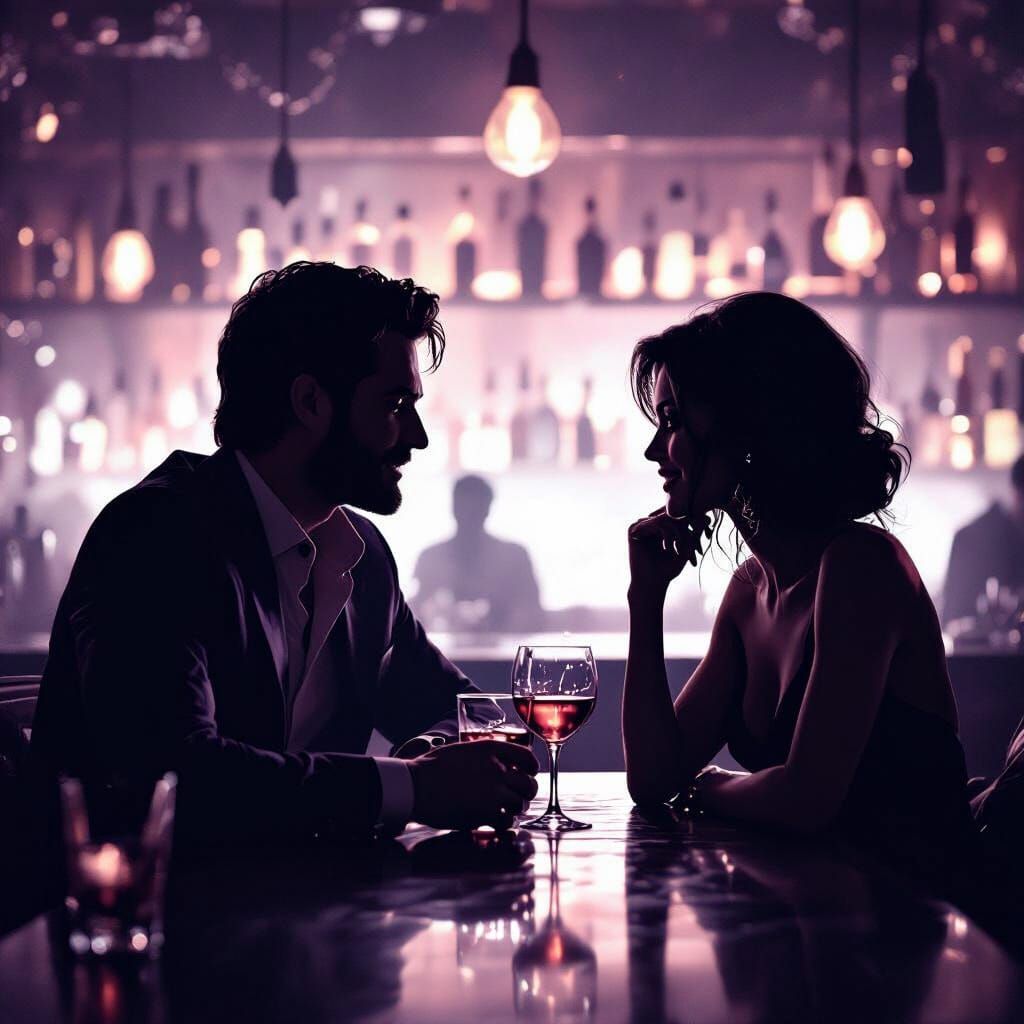 Silhouetted Figures in a Moody Bar Chatting Over Drinks