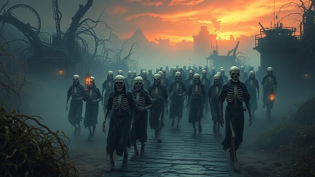 Surreal Procession in Dark Fantasy Landscape