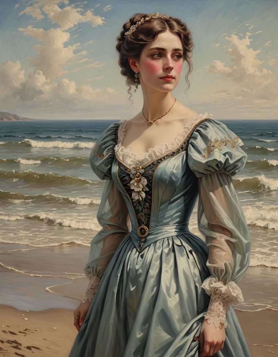 Victorian Woman on Beach as Oil Painting