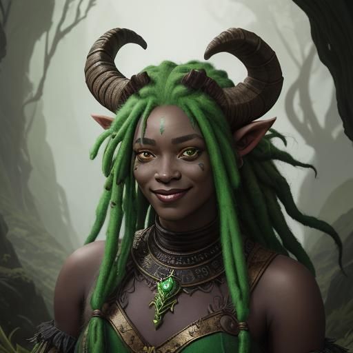 Smiling Satyr Woman with Green Dreadlocks