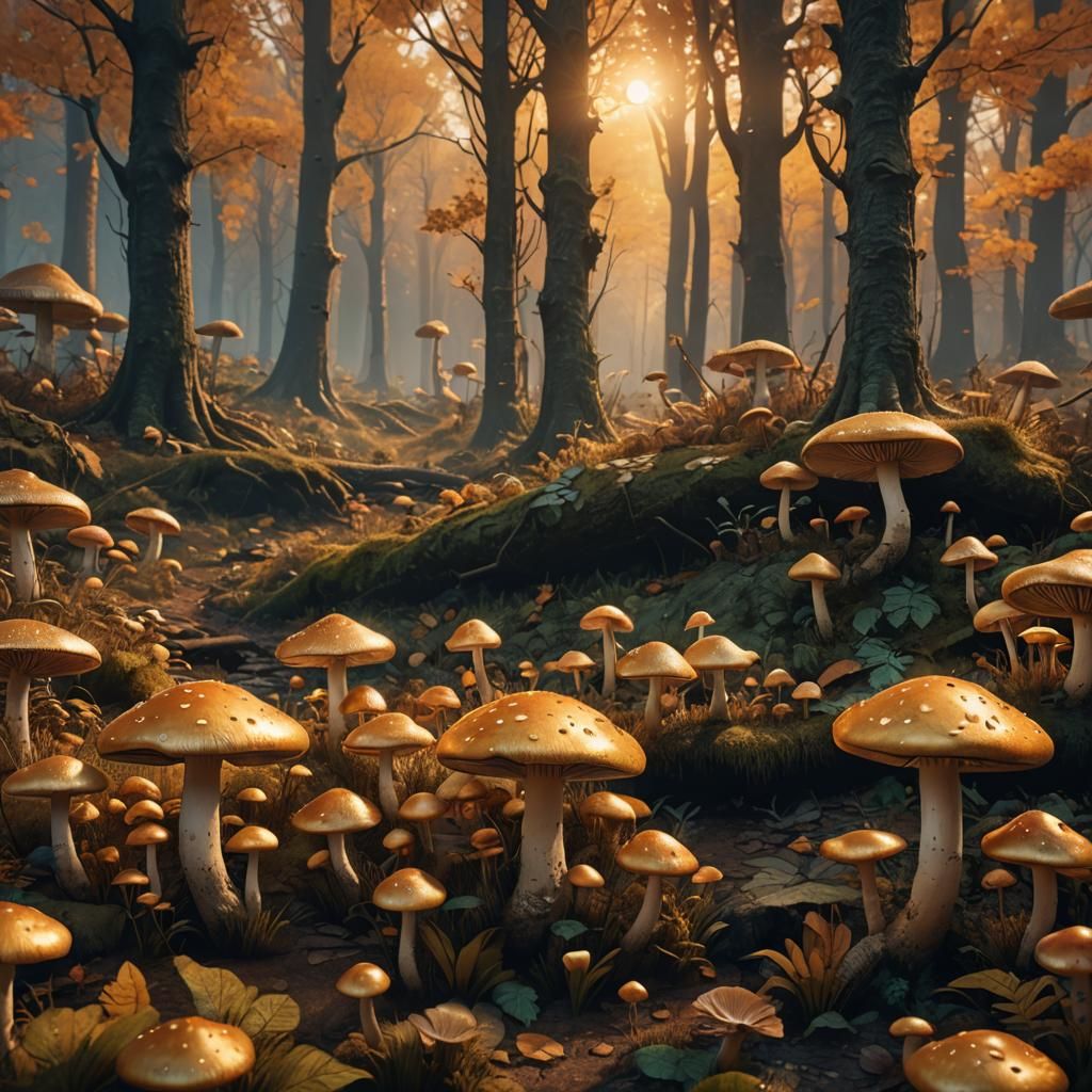Autumn Forest Mushrooms at Golden Sunset