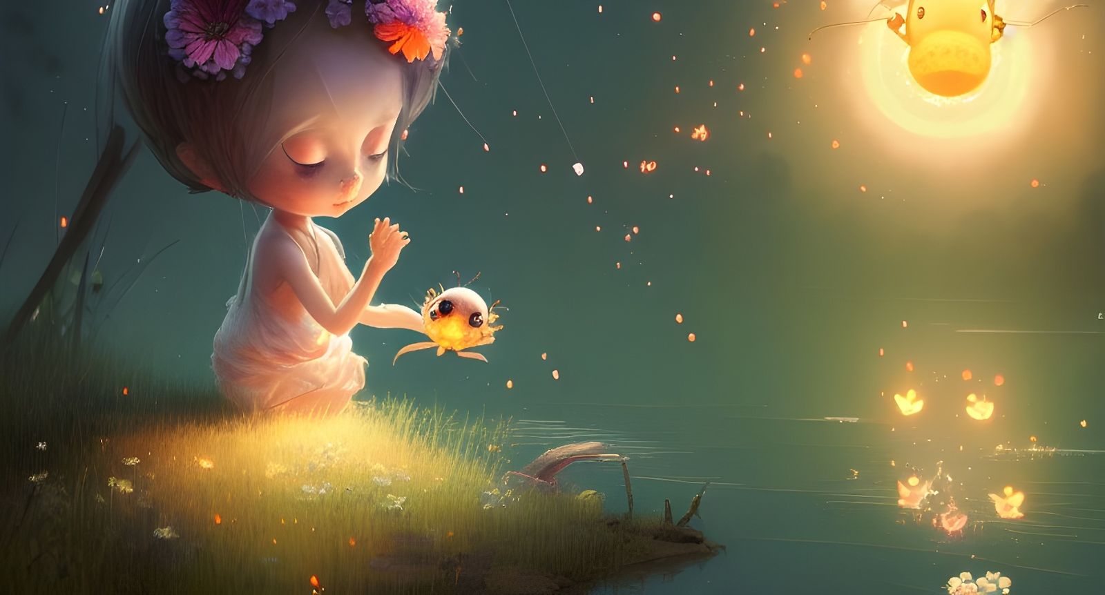 Cute Flower Spirit Portrait with Fireflies