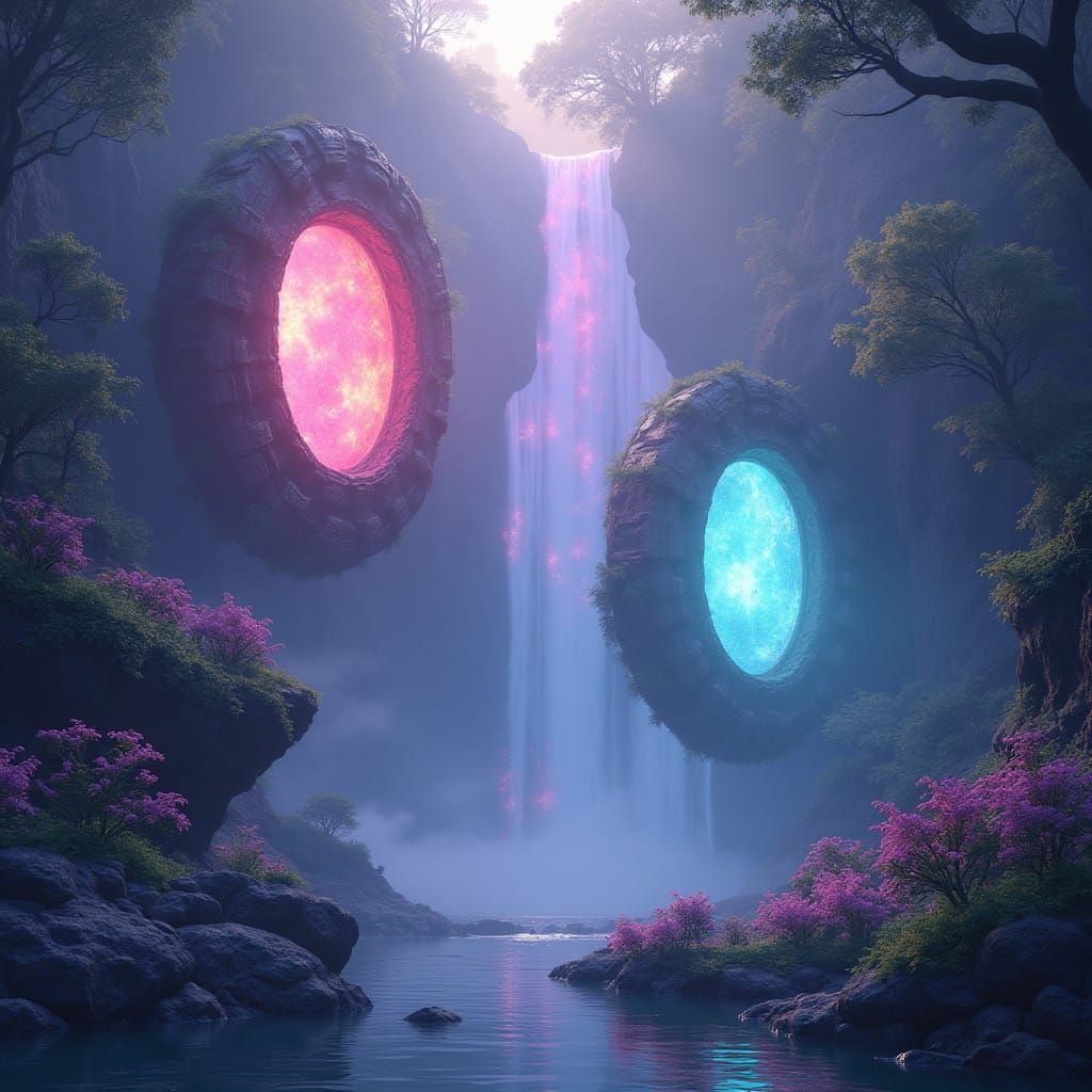 Mystical Realm with Glowing Portals and Ethereal Landscapes