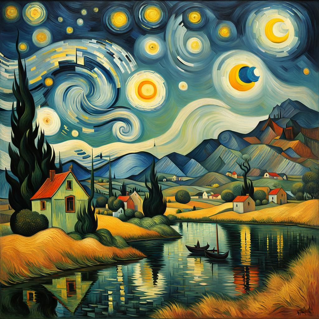 Surreal Starry Night Landscape in Post-Impressionist Style