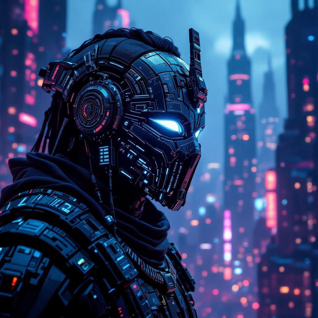 Sumerian Alien with Cyberpunk Tech and Mask of Warka