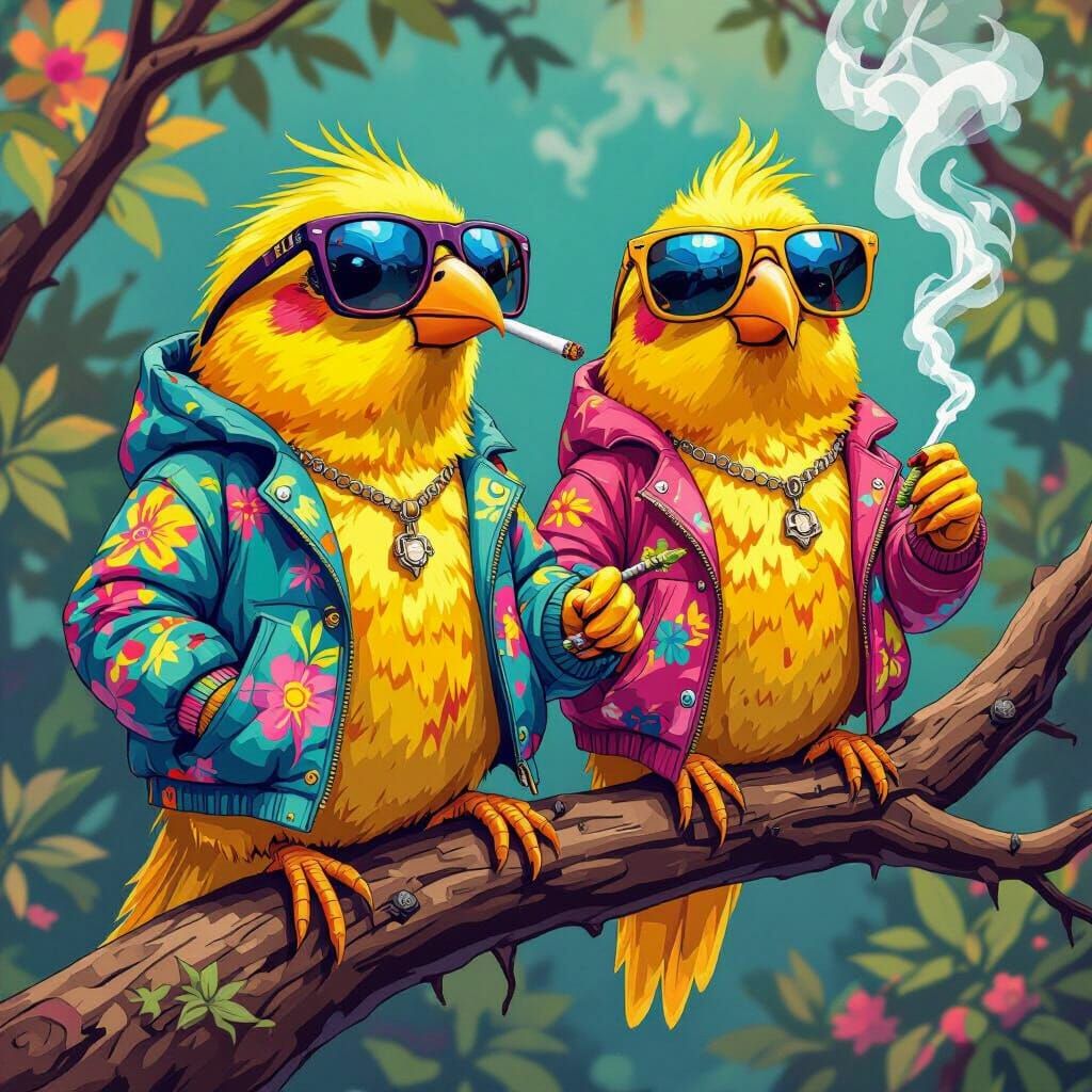 Psychedelic Canaries Smoking Joint in Vibrant Style