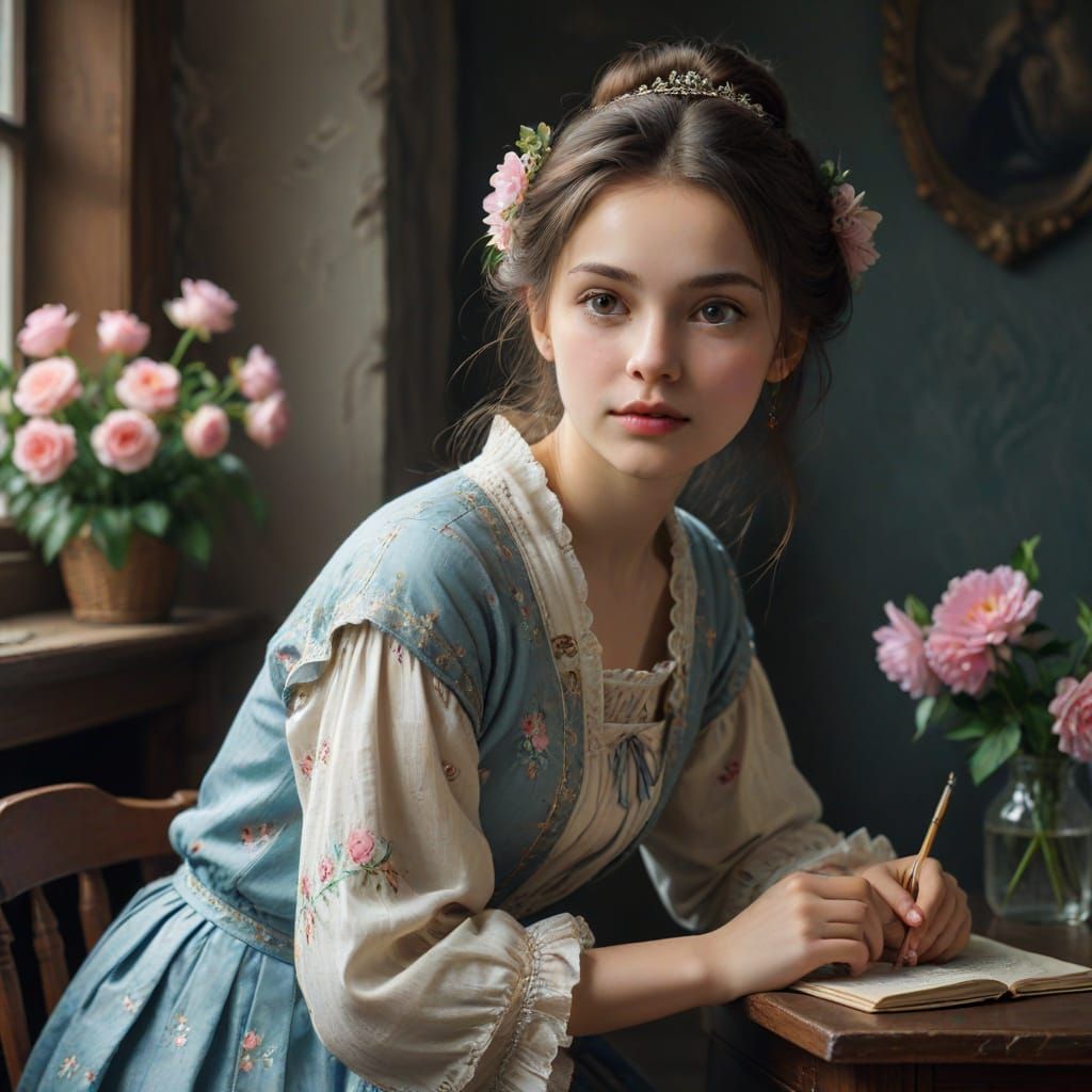 Young Woman with Blue Rose in Cityscape