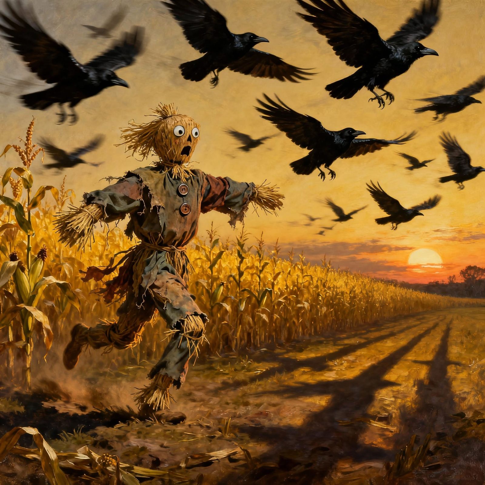 Scarecrow Flees Crows in Dramatic Twilight Cornfield