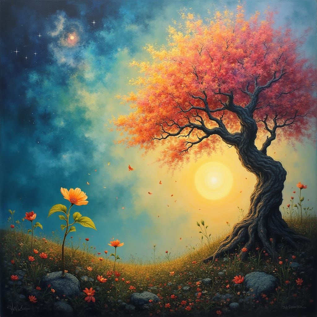 Ethereal Cycle of Life in Vibrant, Dreamlike Harmony