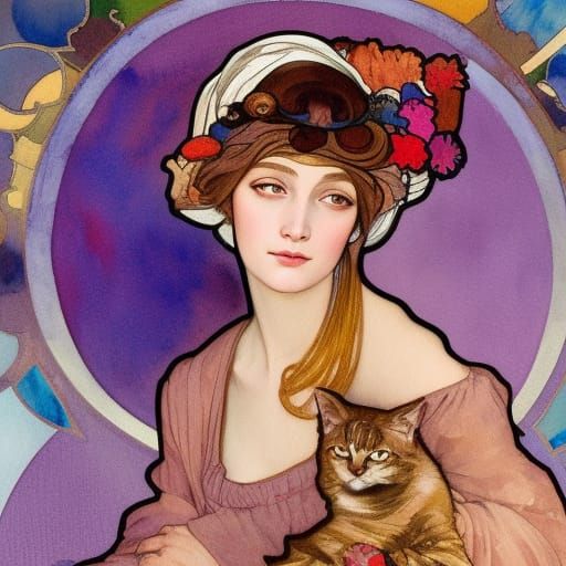 Art Nouveau Woman with Cat in Gouache Style