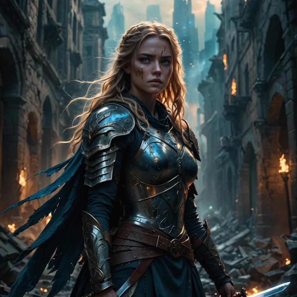 Female Warrior in Ruined City with Divine Glow