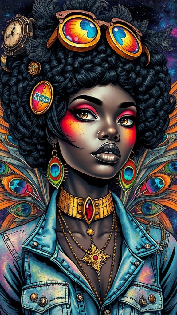 Surrealist Comic Portrait, Black woman Steampunk Cosmic Visi...