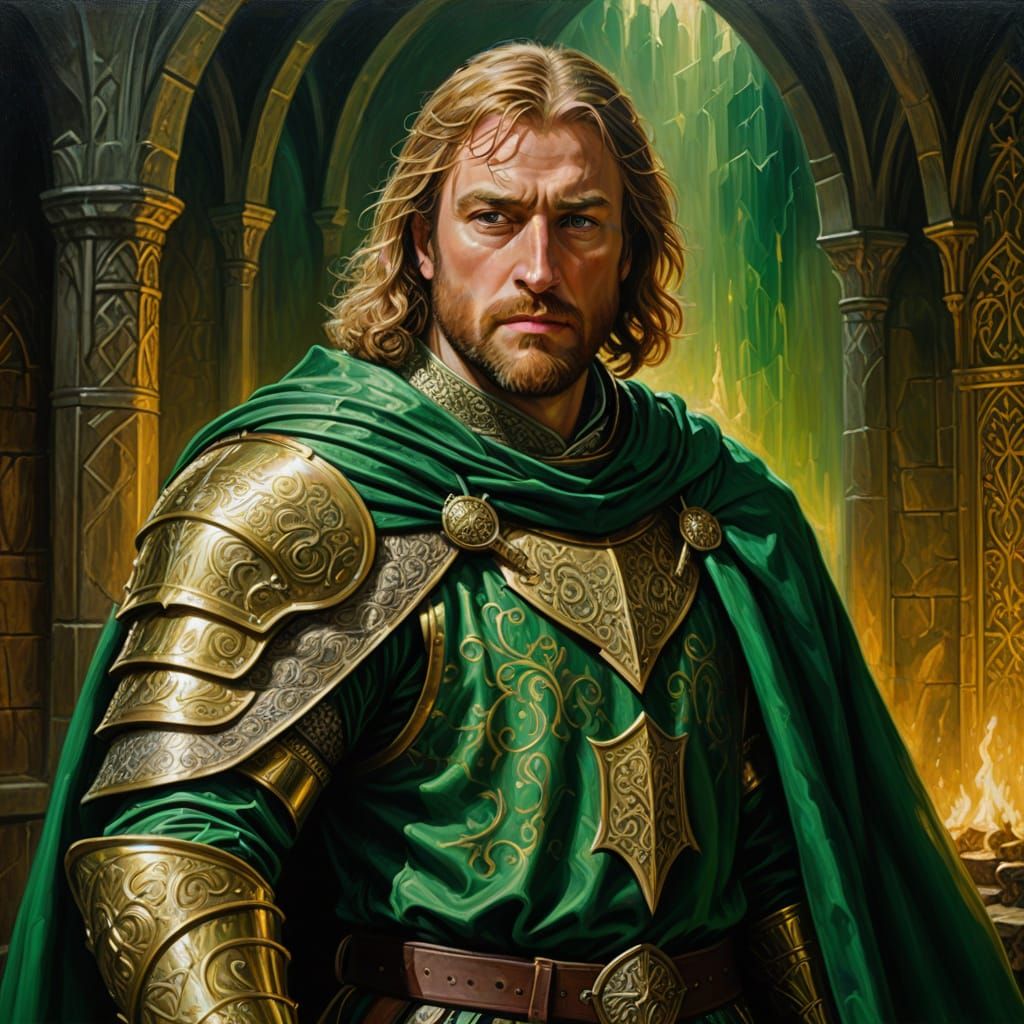 Sir Gawaine Faces the Green Knight in Oil Painting