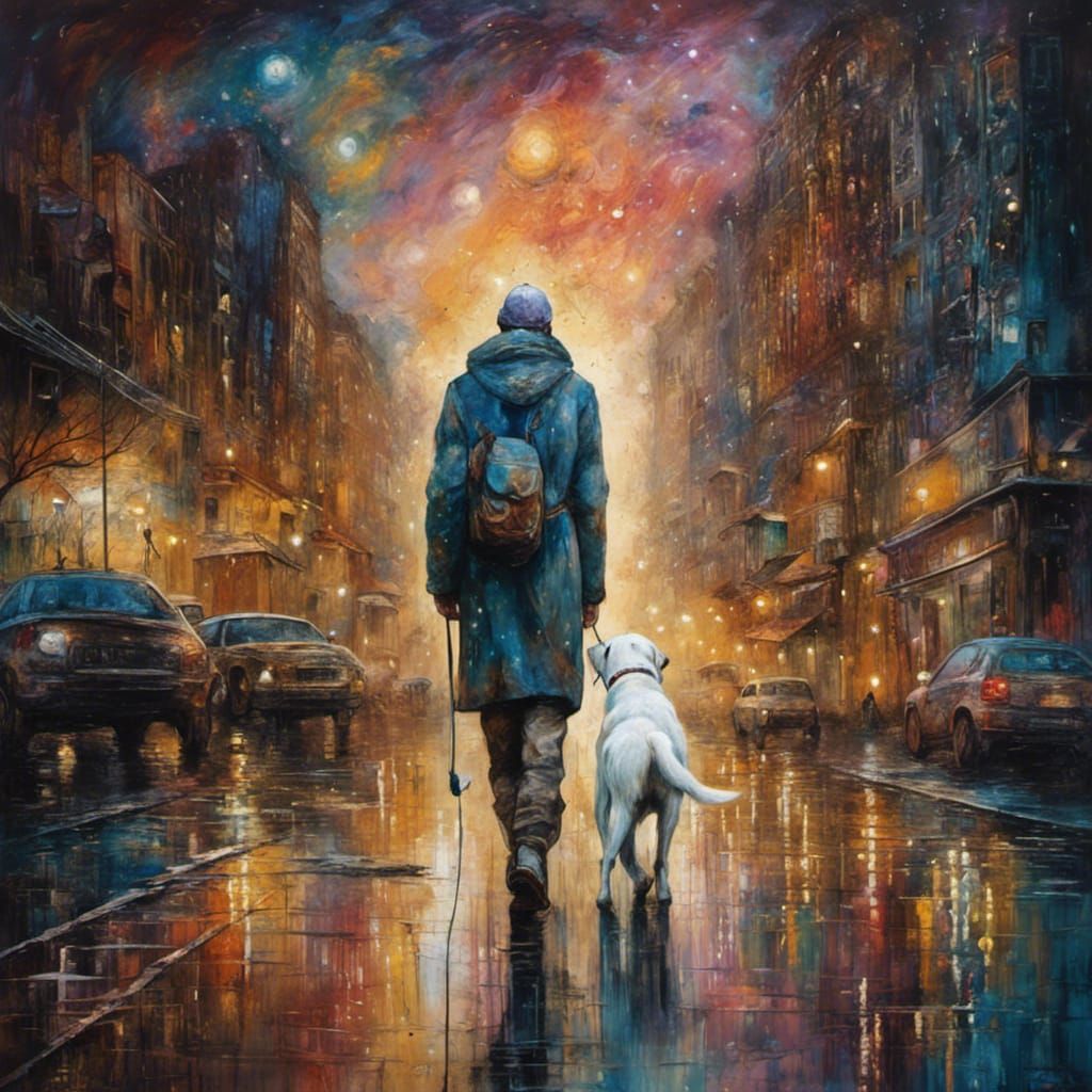 "A homeless person walking in the street with trusted friend (#2)