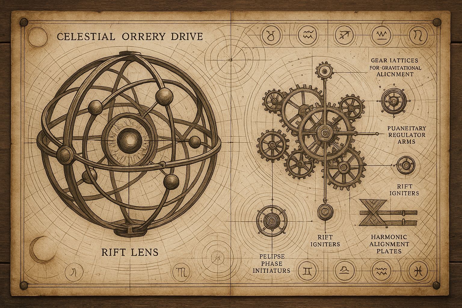 Celestial Orrery Drive Diagram on Parchment