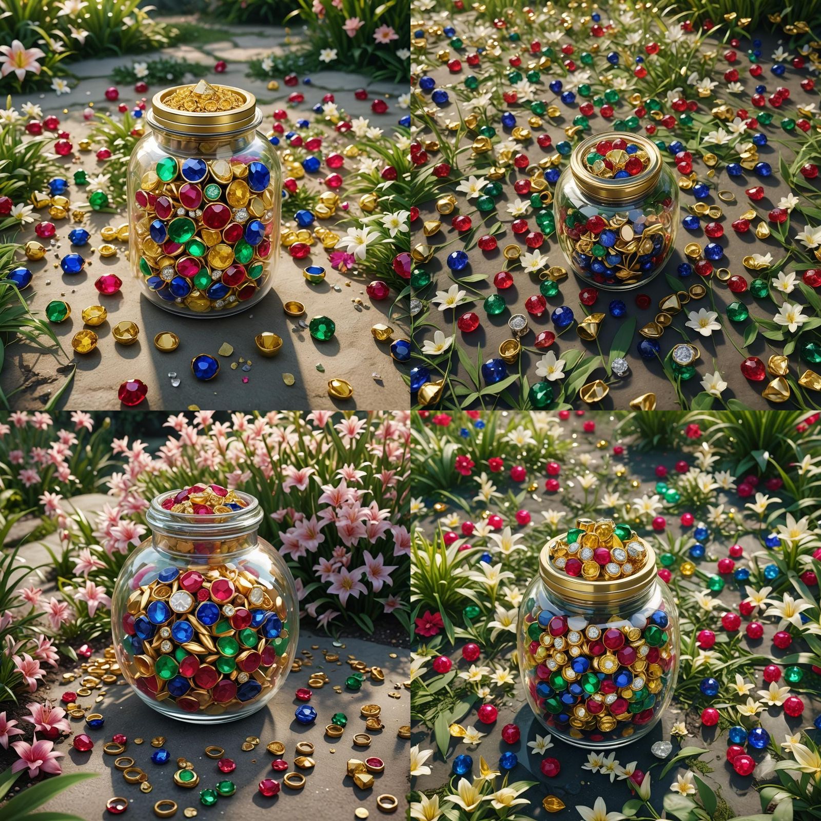 Jewel-Filled Jar in Lily Garden, Hyper-Realistic 3D Render