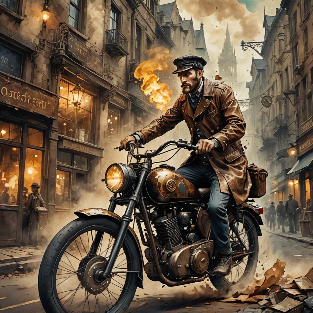 Steampunk Cyclist: Modern Ink Painting on Vintage Paper