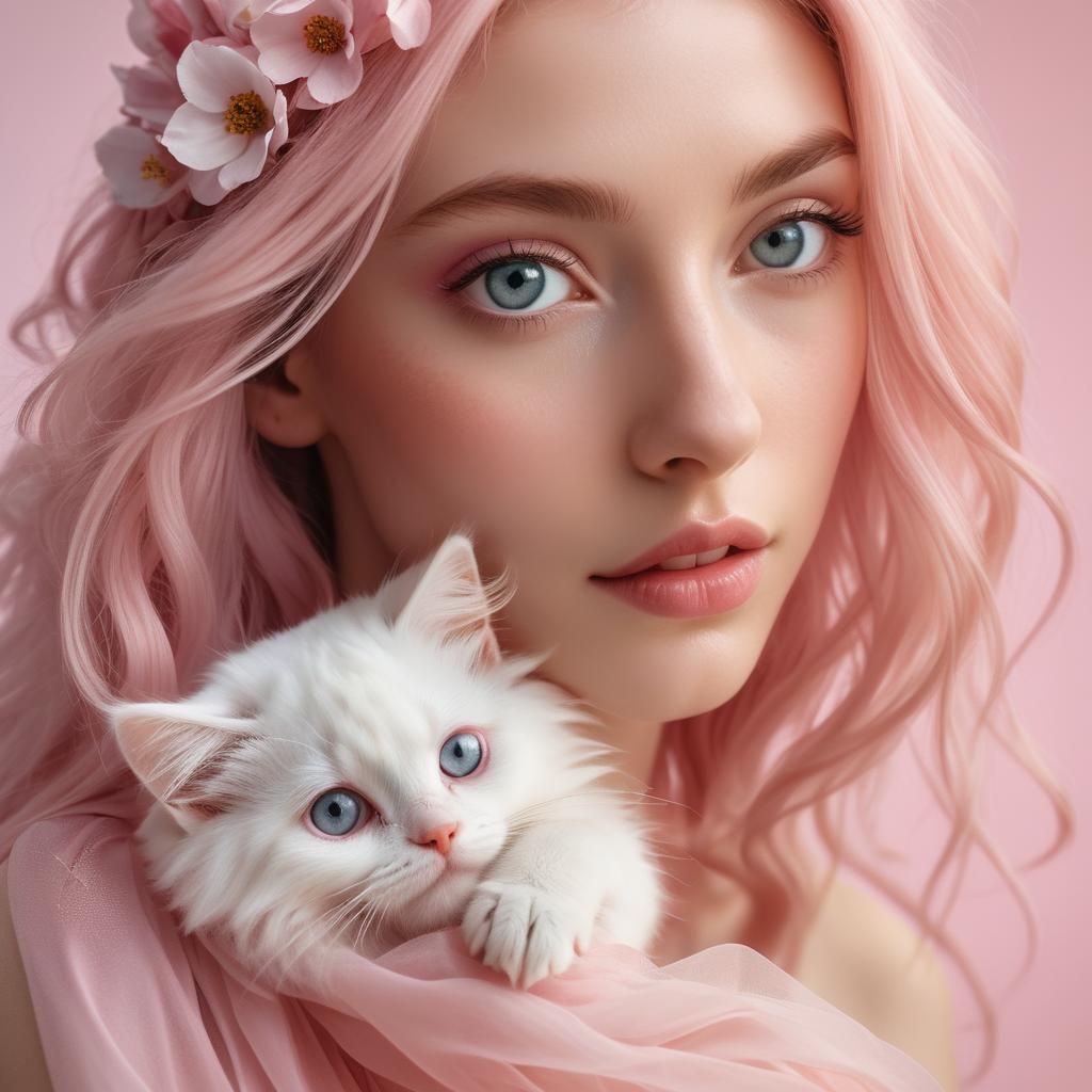 Woman with Kitten Portrait in Soft Pink Hues