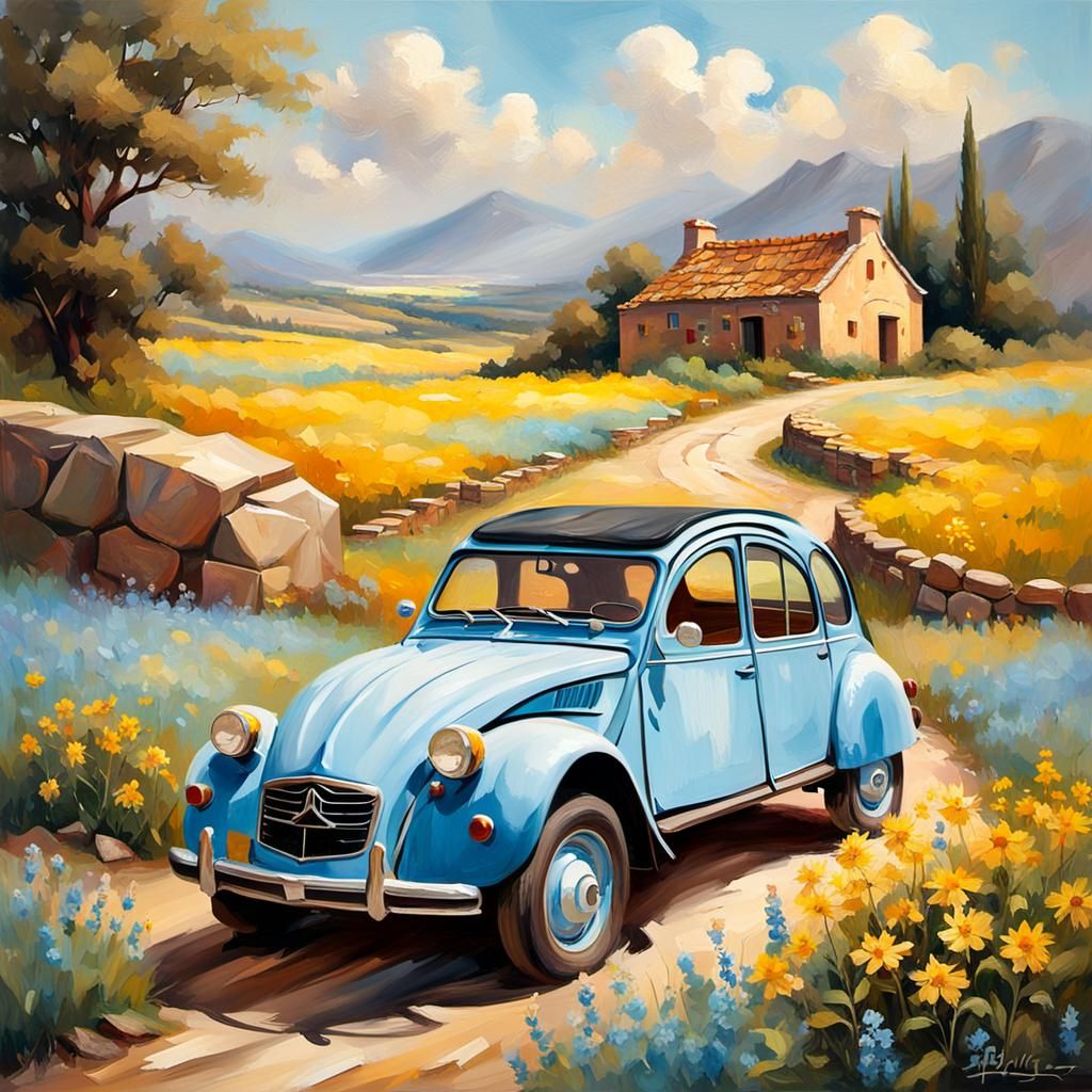 Blue Citroën 2CV on Country Road as Oil Painting