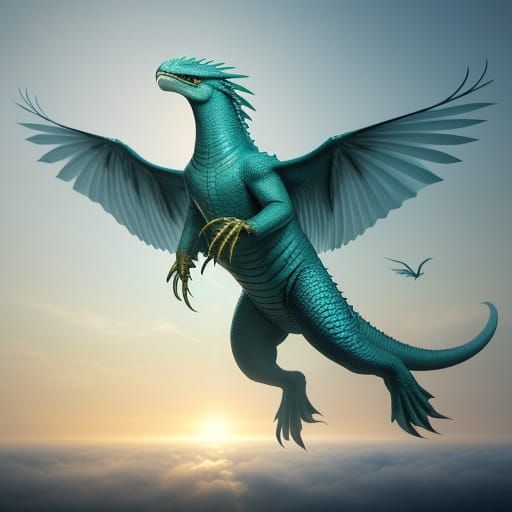 Surreal Dreamlike Scene of a Gliding Reptilian Creature