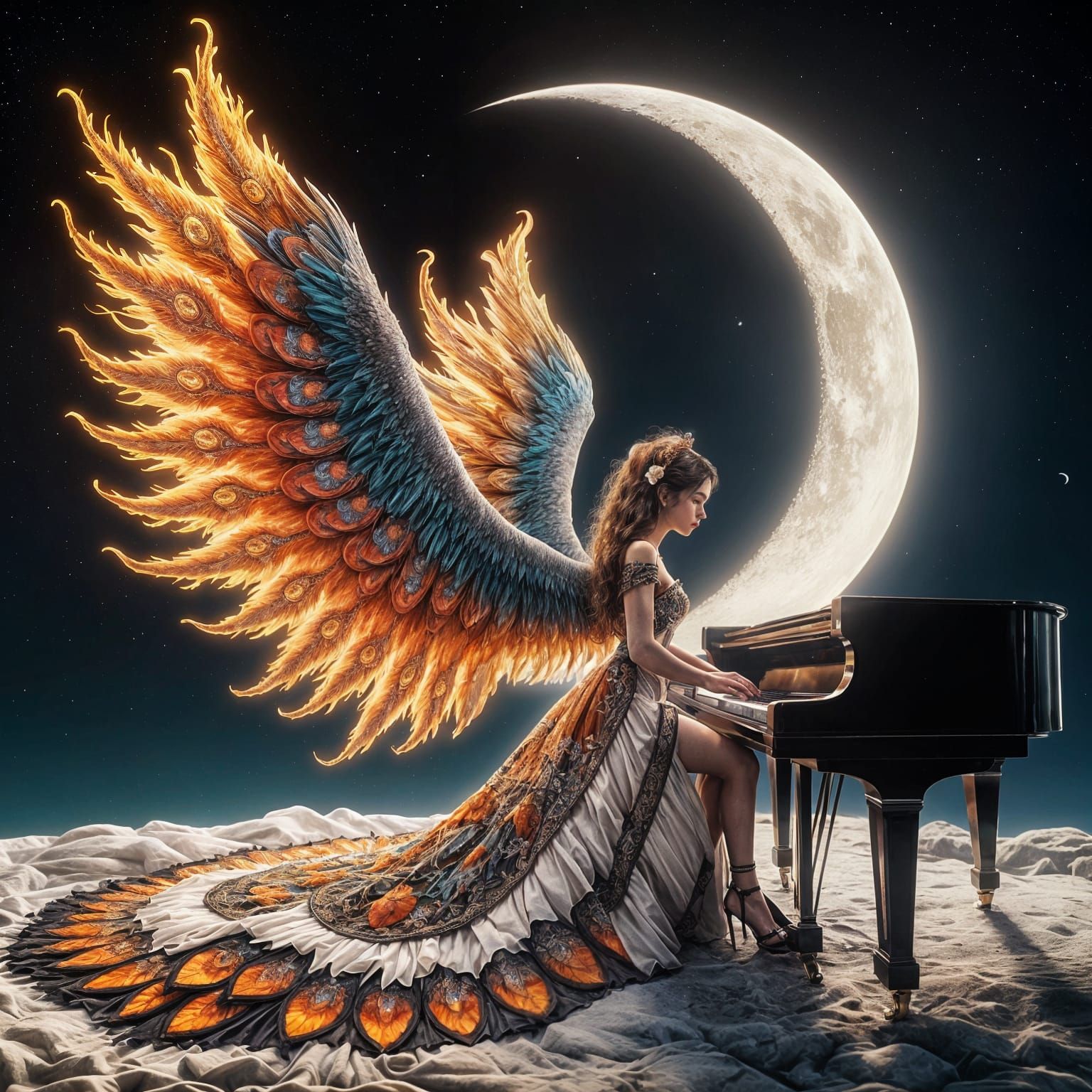 Hispanic Woman with Fiery Wings Plays Piano on Moon