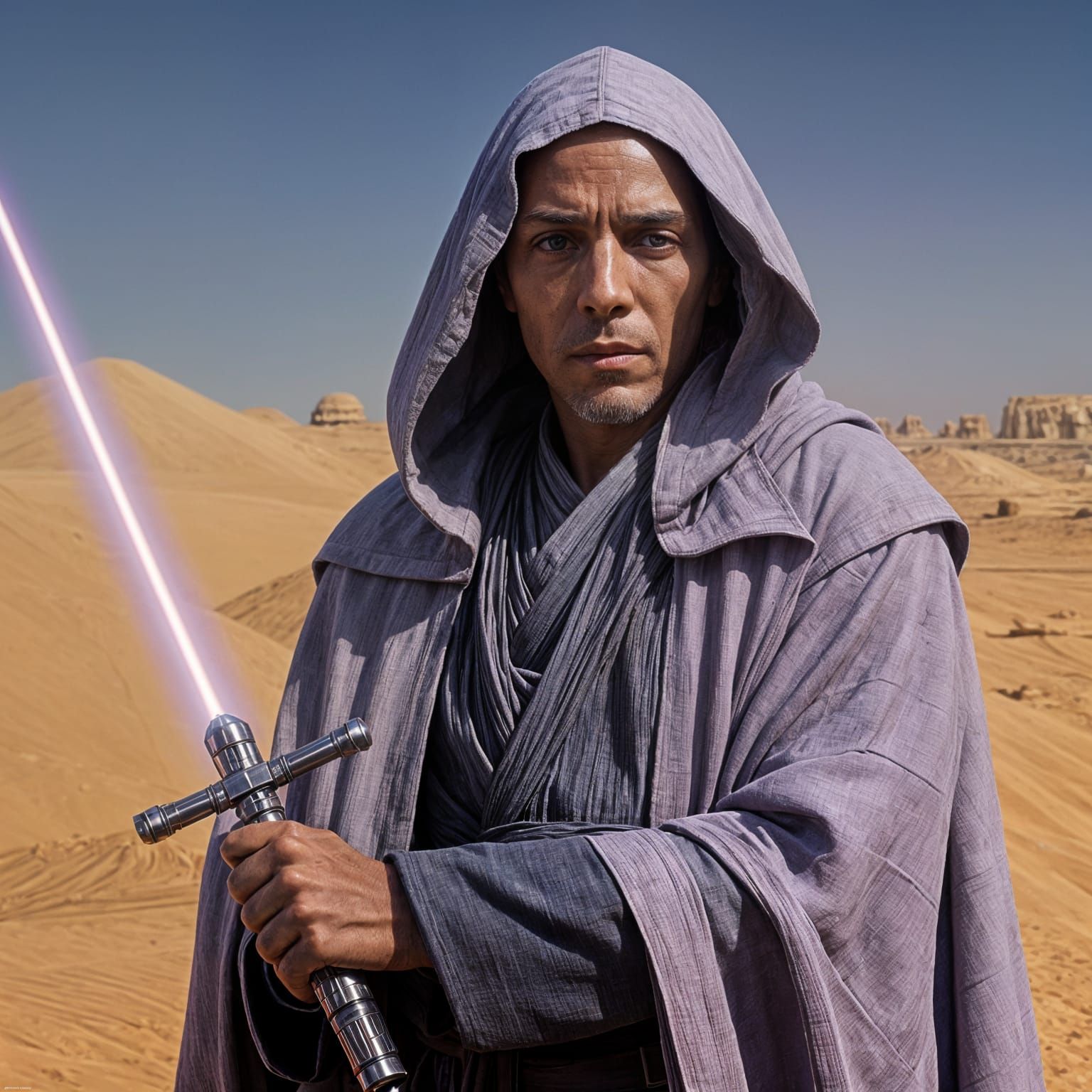 A Master Jedi on Tatooine with Purple Lightsaber
