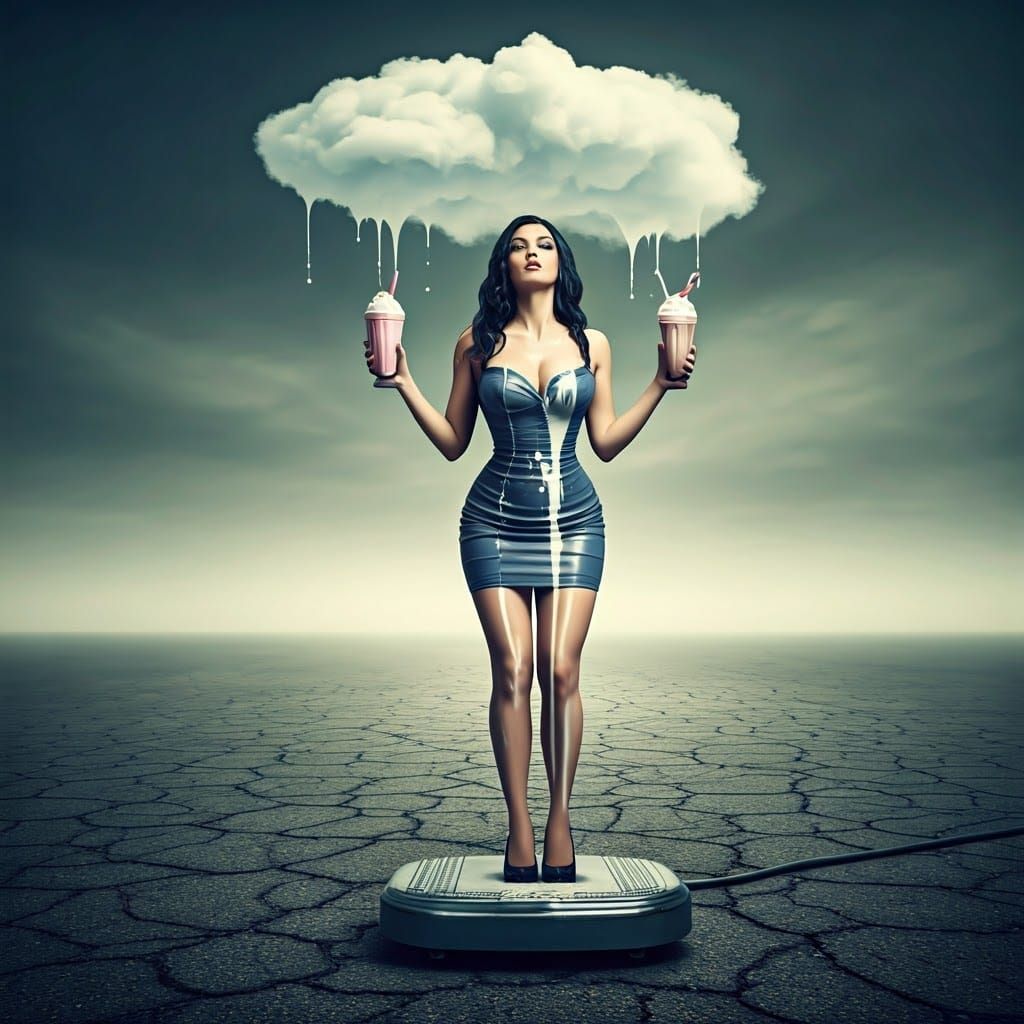 Surreal Beauty Savoring Milkshakes Amidst a Dreamlike Landsc...