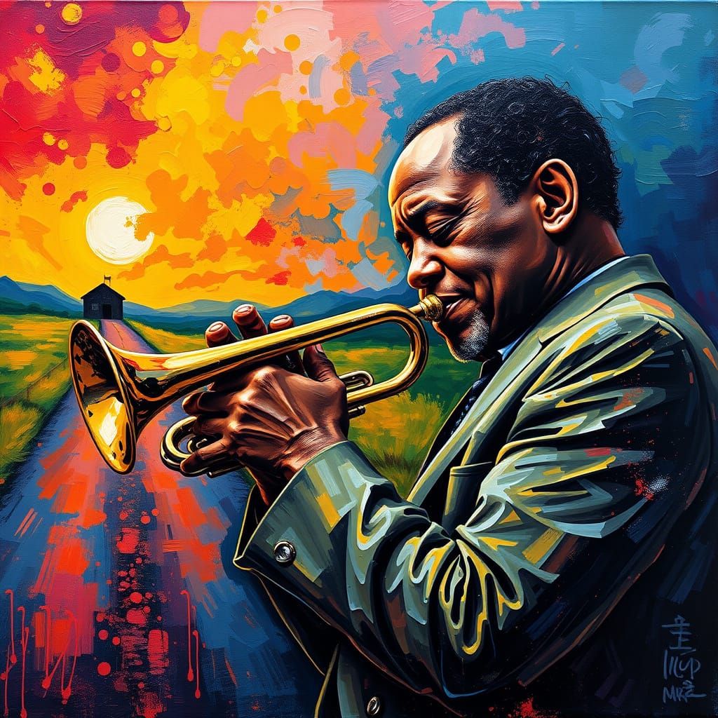 Jazz Trumpeter in a Vibrant Country Landscape