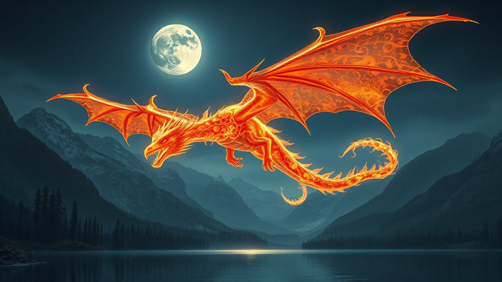 Ethereal Fire Dragon Soaring Over Moonlit Lake