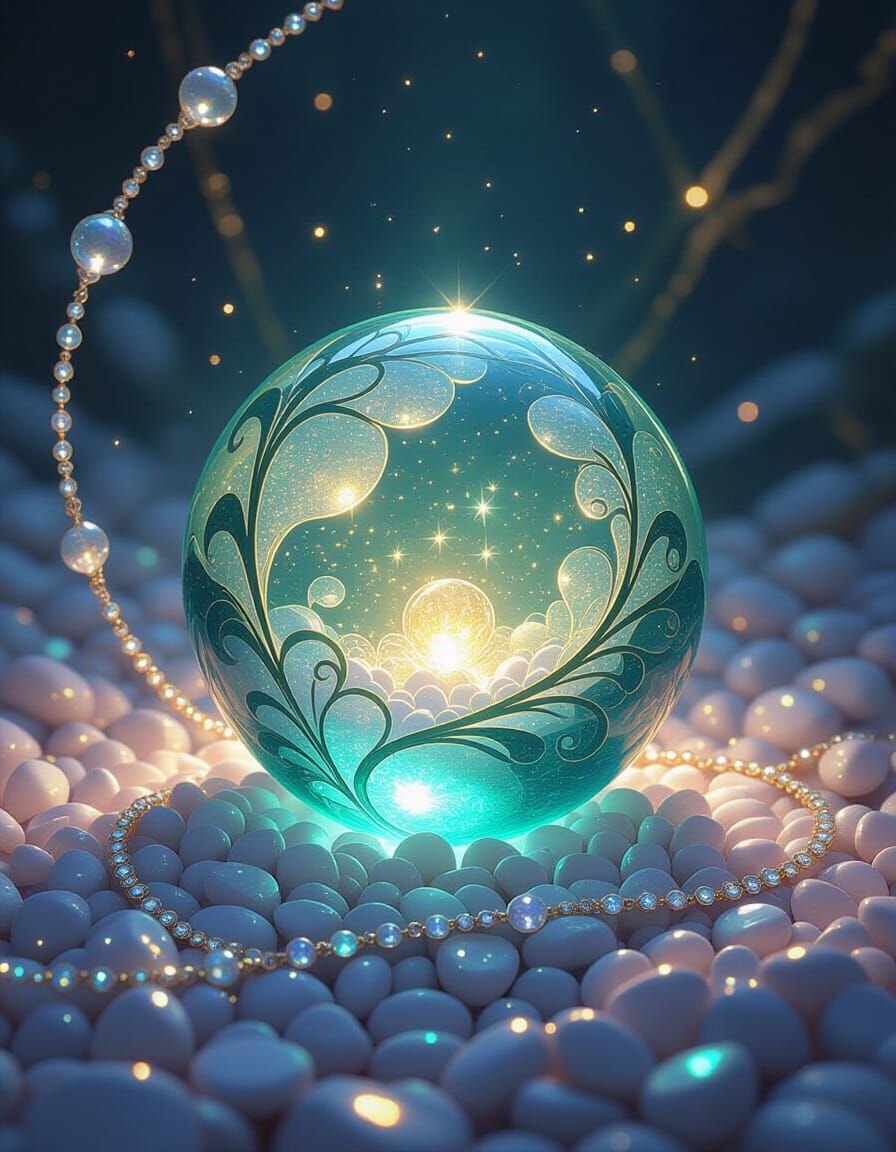 Emerald Sphere with Luminescent Bubbles and Jewelry