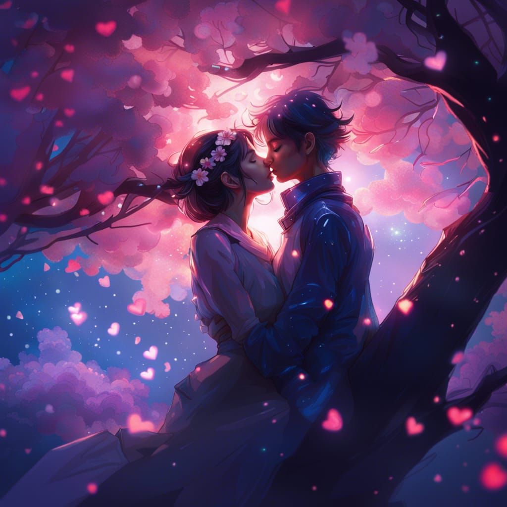 Kissing Couple Under Cherry Trees: Digital Painting