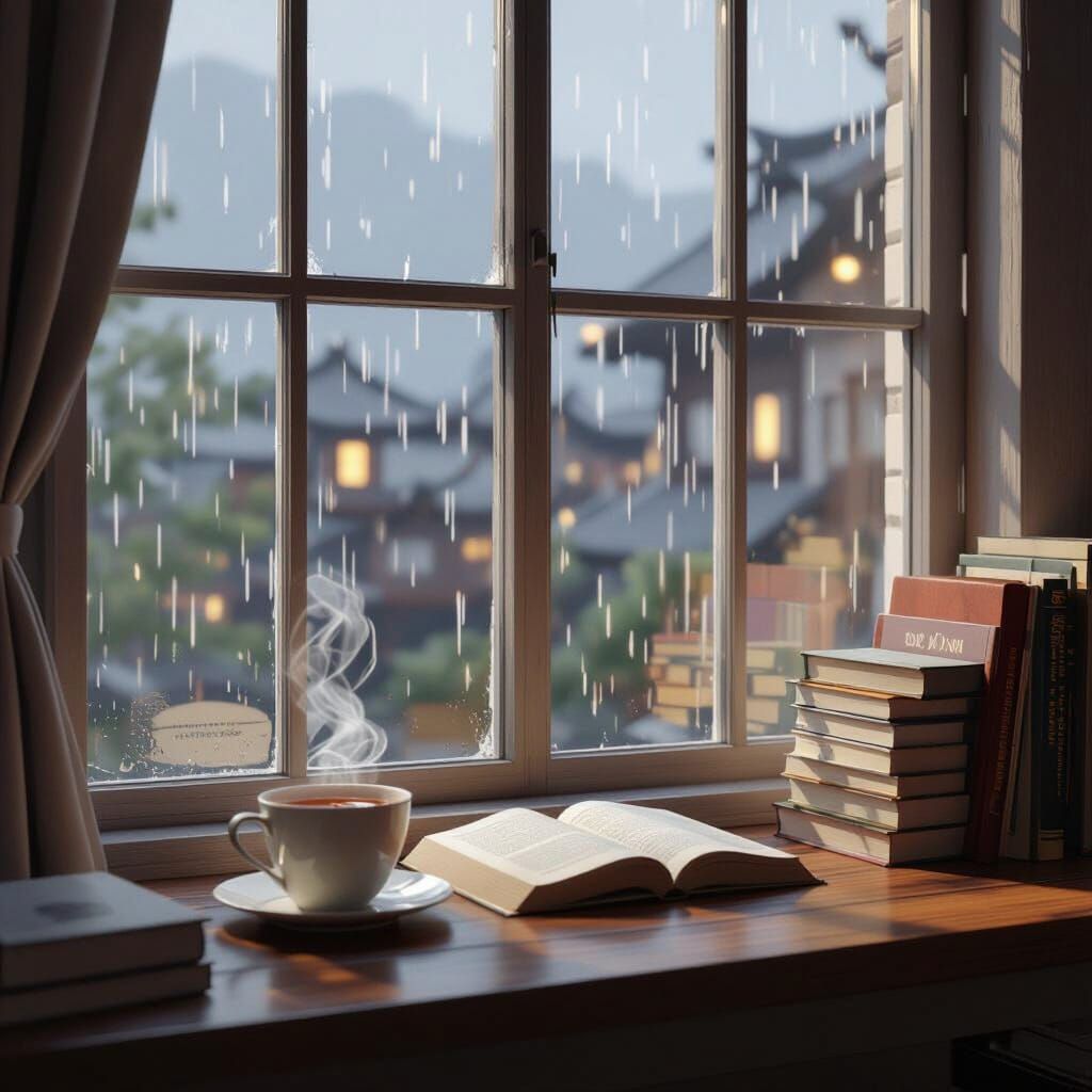 Cozy Reading Nook on a Rainy Day with Tea and Books