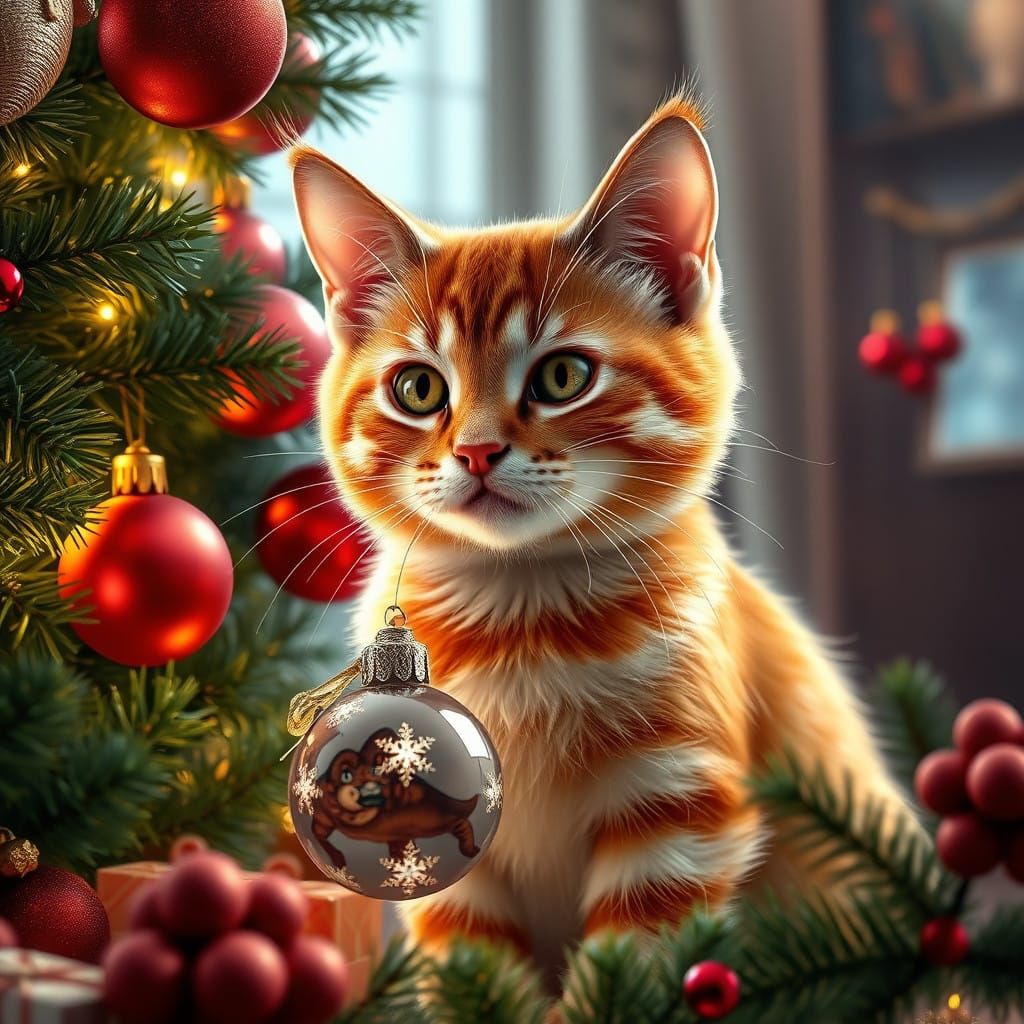 Adorable Tabby Cat Plays Hide and Seek Behind Christmas Tree