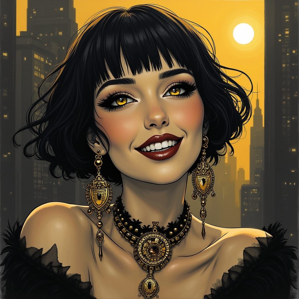 Confident Goth Woman in Luxury Gold and Black