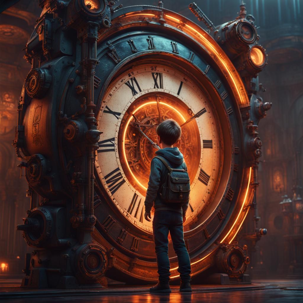 Boy Enters Cylindrical Time Machine: Detailed Matte Painting